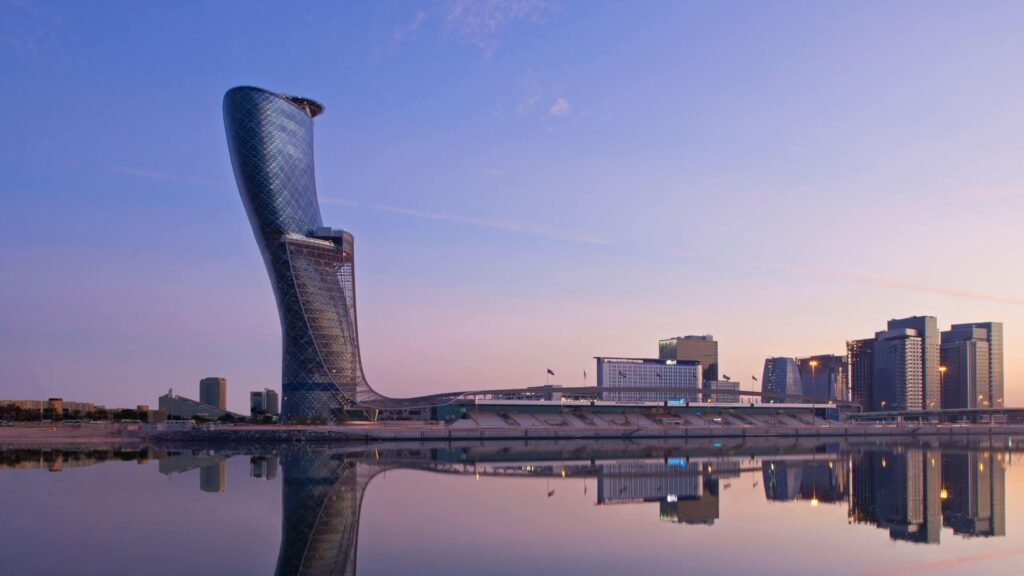The Capital Gate tower leaning at eighteen degrees above the exhibition centre