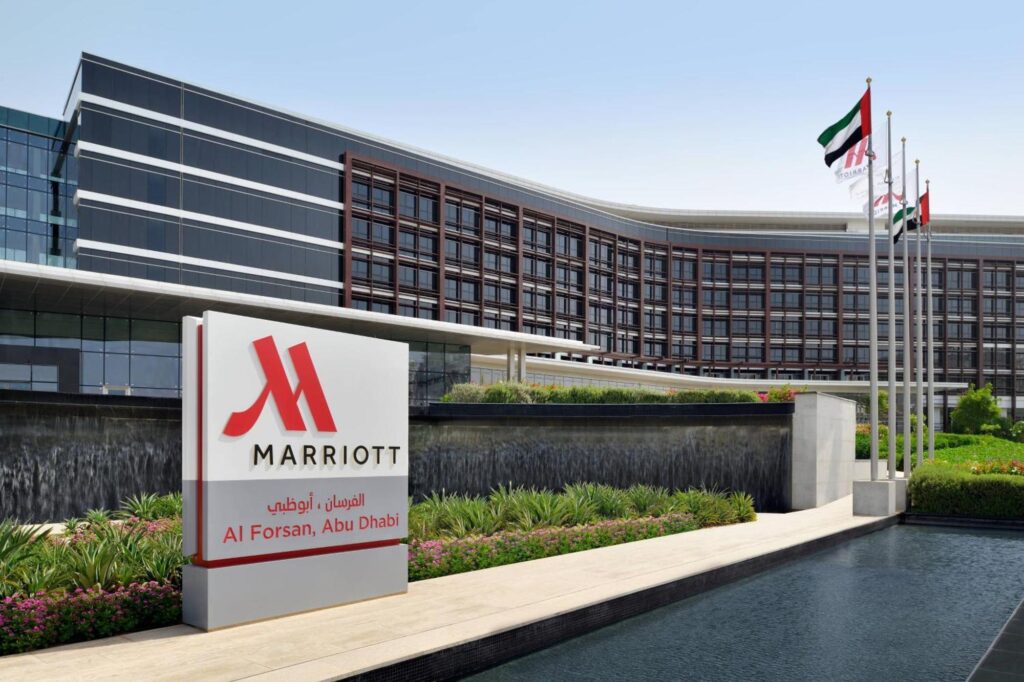The glass facade and reflecting pool at Marriott Hotel Al Forsan, Abu Dhabi