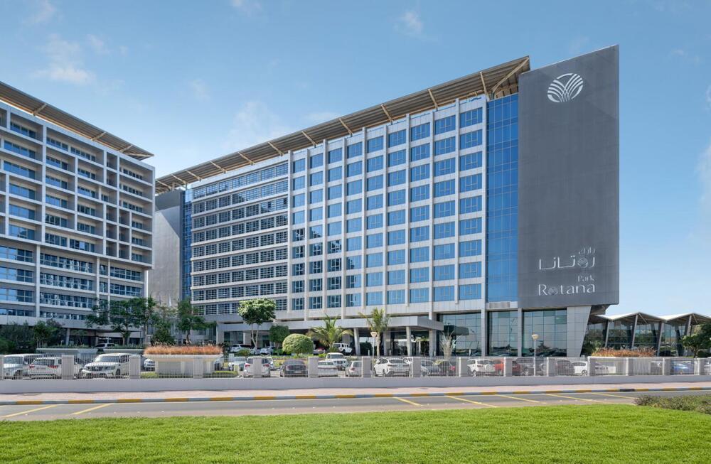 The Park Rotana tower on the Eastern Ring Road, seen from Khalifa Park