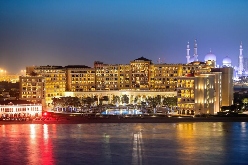 The Ritz-Carlton Abu Dhabi, Grand Canal, with the Sheikh Zayed Grand Mosque across the creek