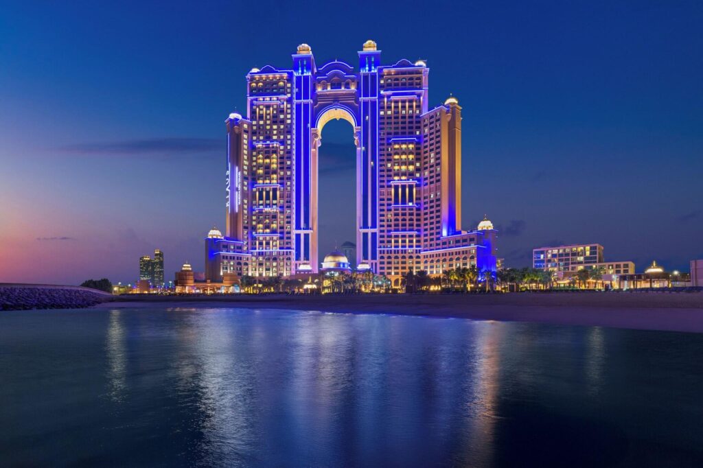 The thirty nine floor tower of Rixos Marina Abu Dhabi above the Marina and Corniche