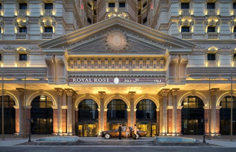 The ornate facade of Royal Rose Hotel Abu Dhabi on Zayed The First Street