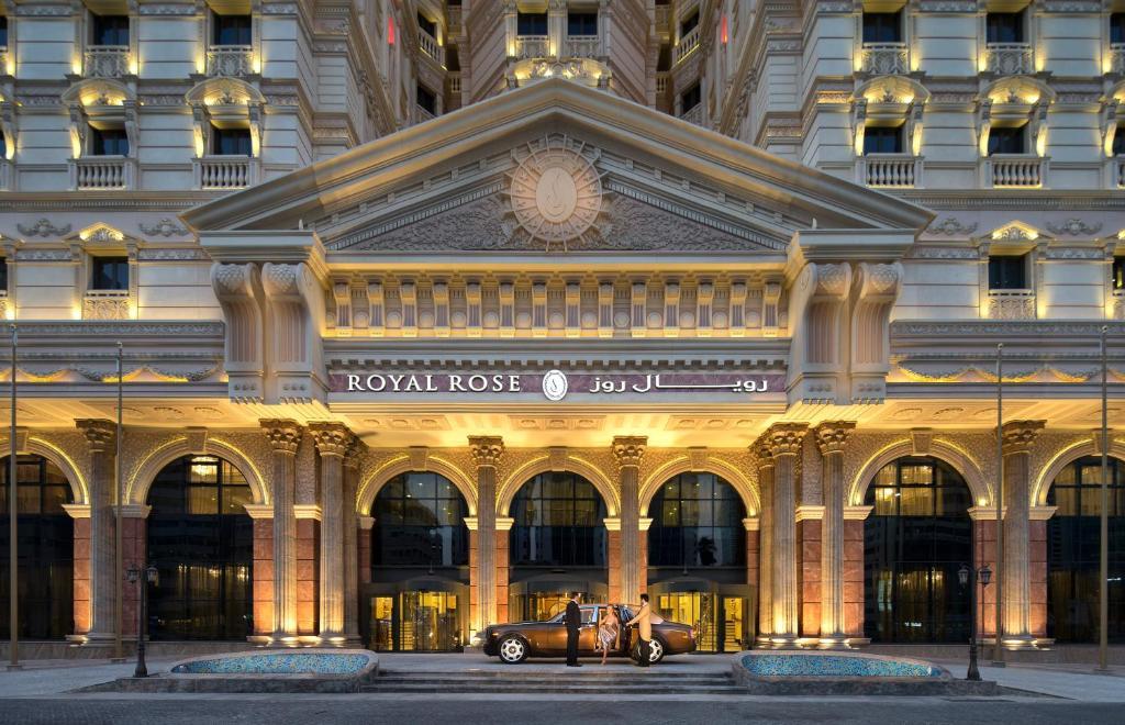 The ornate facade of Royal Rose Hotel Abu Dhabi on Zayed The First Street