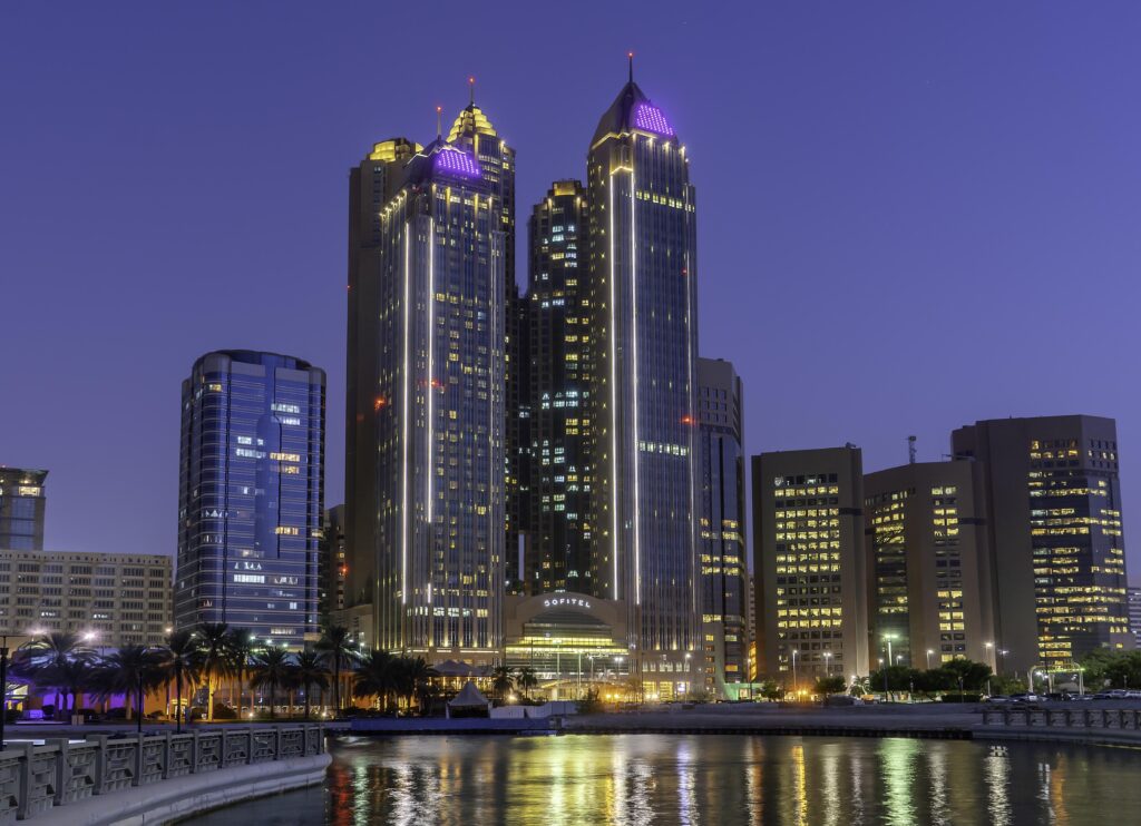 The stepped Art Deco tower of Sofitel Abu Dhabi Corniche at Capital Plaza on Corniche Road East