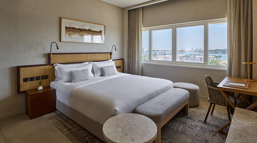 A guest room finished in contemporary Emirati style