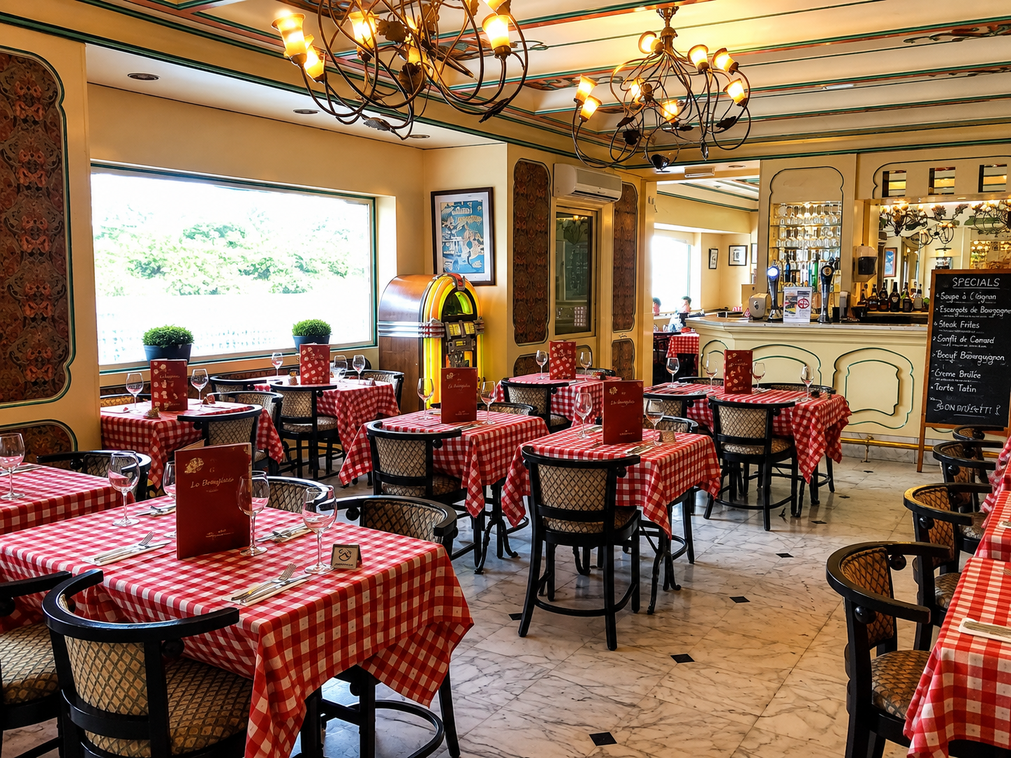 Vintage jukebox and homely bistro atmosphere at Le Beaujolais on Hamdan Street