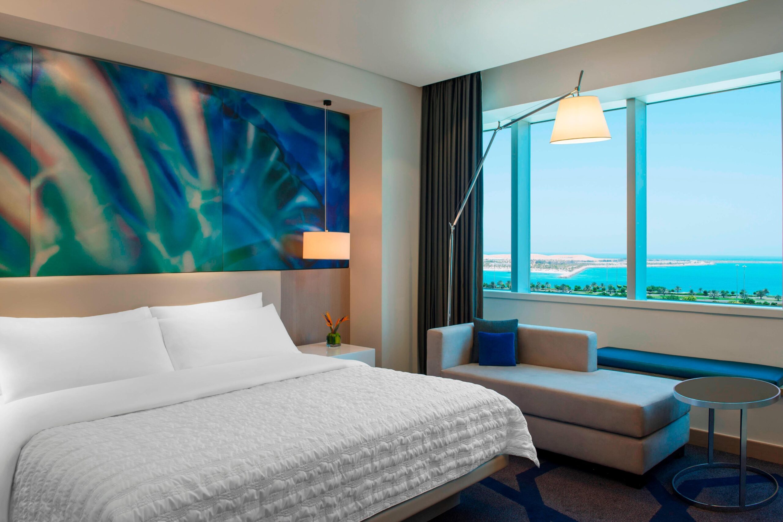 A deluxe sea view room looking towards Lulu Island and the Gulf