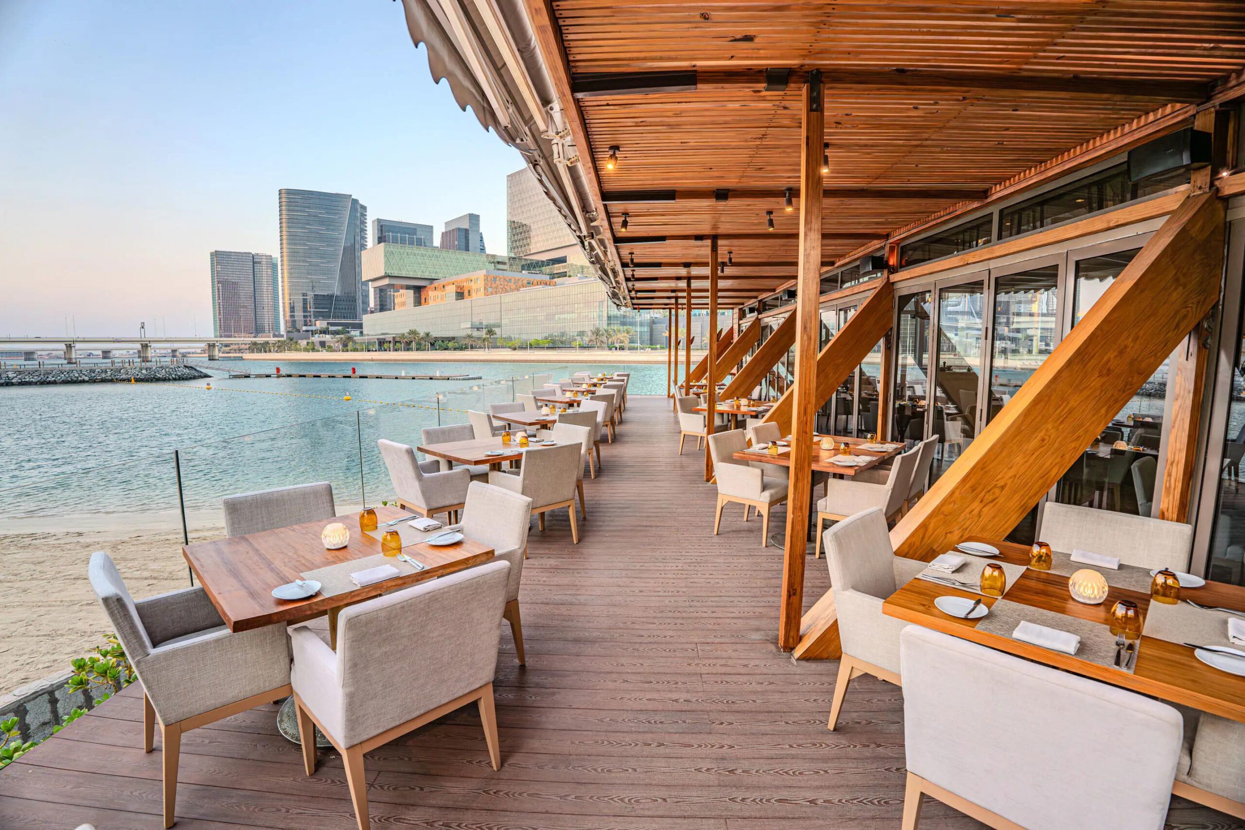 Loop Beach Restaurant view across the sea and Corniche skyline at Bab Al Qasr