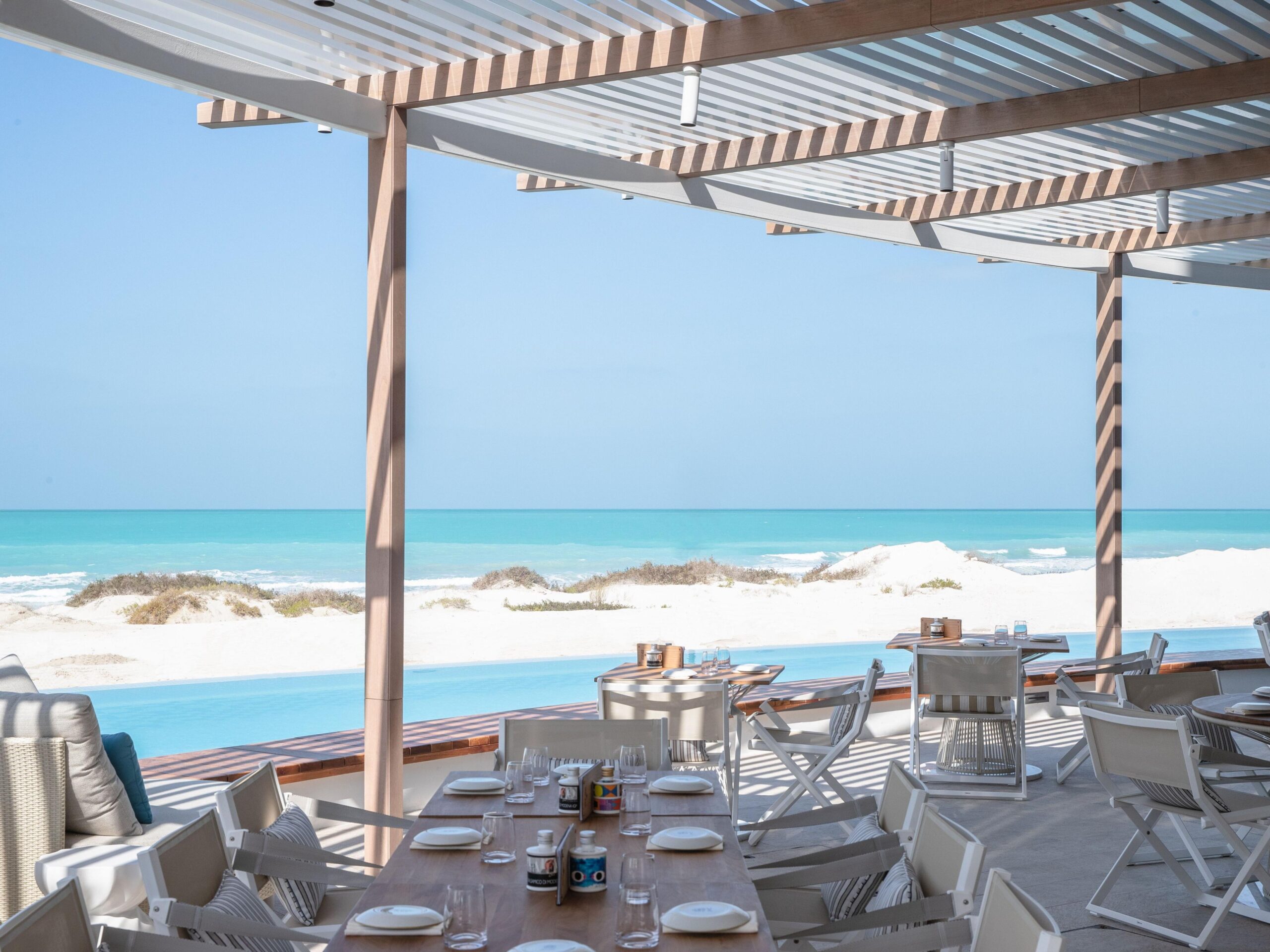 Mare Mare terrace overlooking the Arabian Gulf and Saadiyat beach