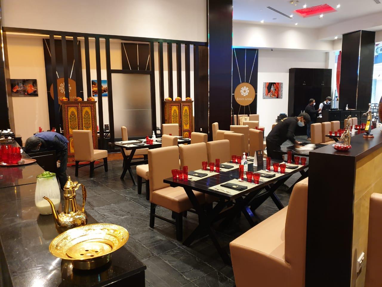 Traditional Indian thali service at Rasoi Ghar beside Ferrari World entrance