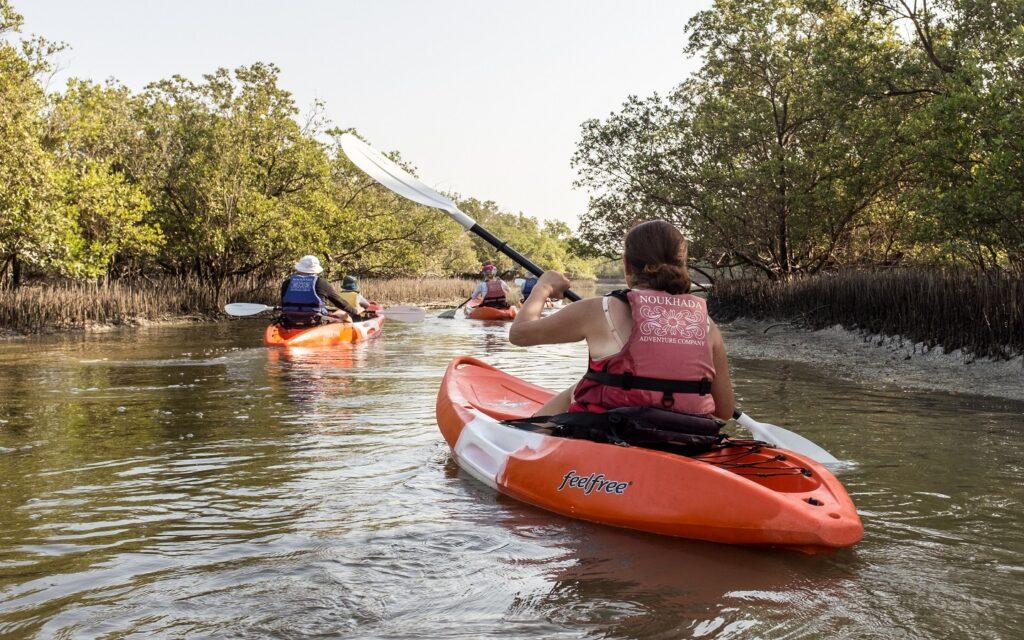Kayaks in a narrow channel inside the Mangrove National Park