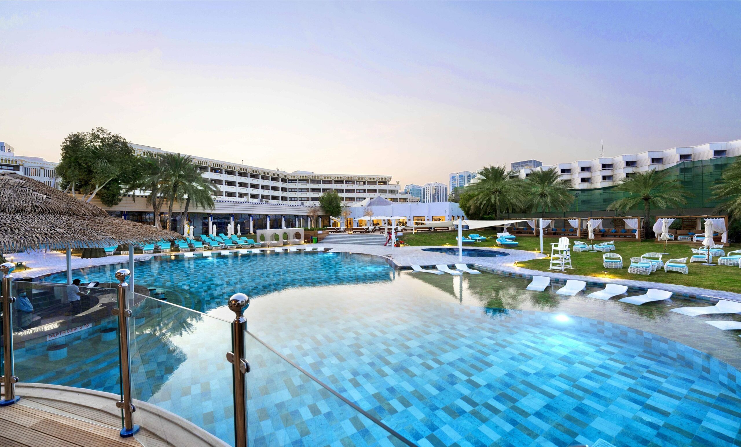 The outdoor pool at Le Meridien with cabanas provided at no charge