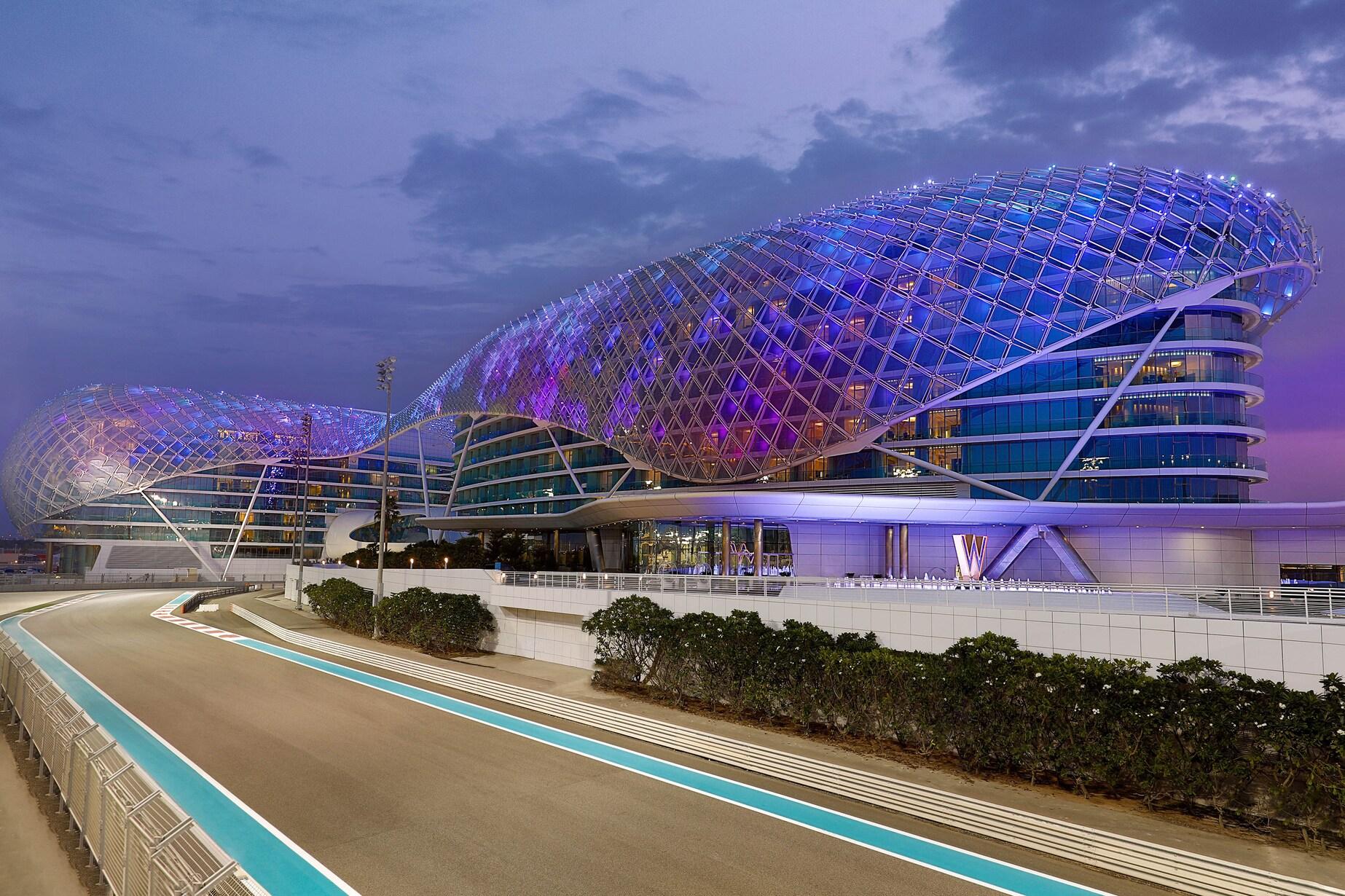 The Yas Marina Circuit running directly beneath the building
