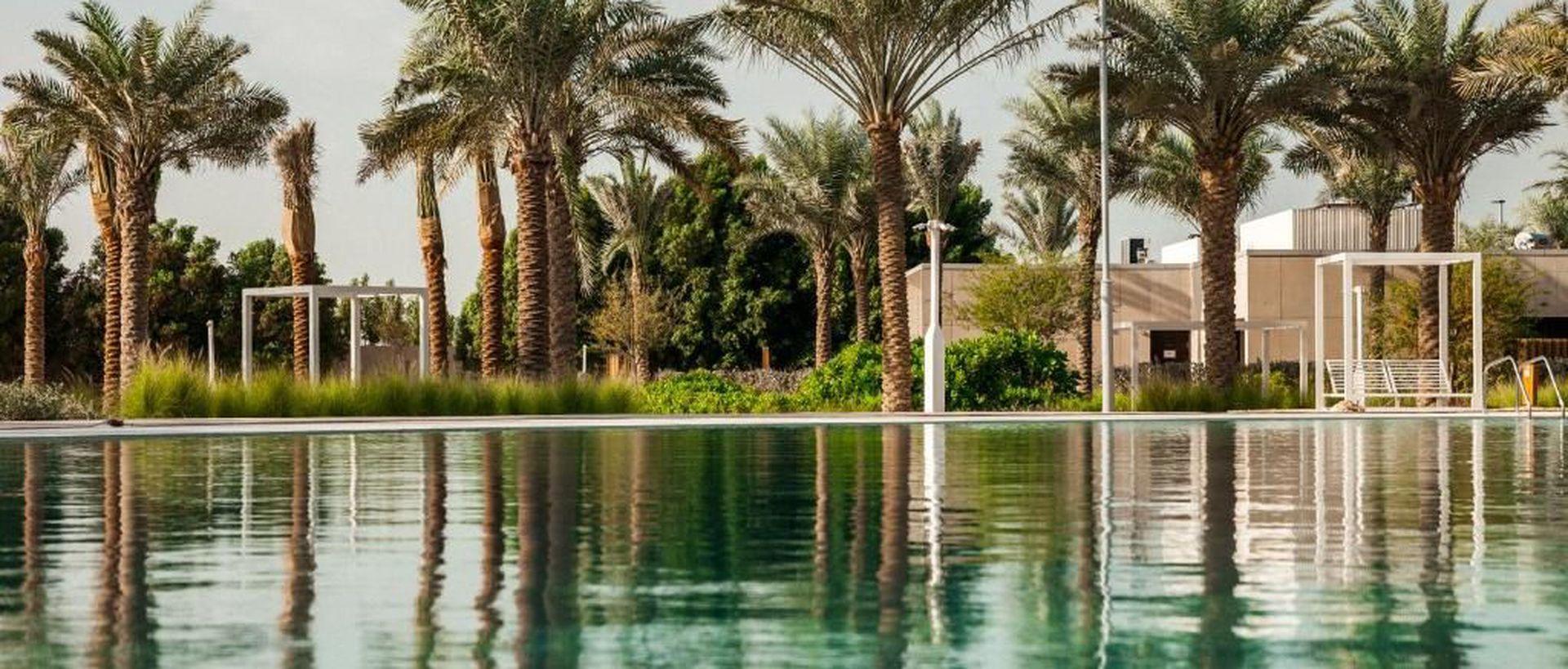 The outdoor pool and surrounding landscaping