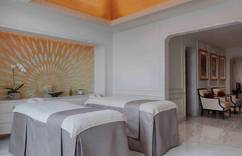 A treatment room at the 3,200 square metre spa with views over the Gulf