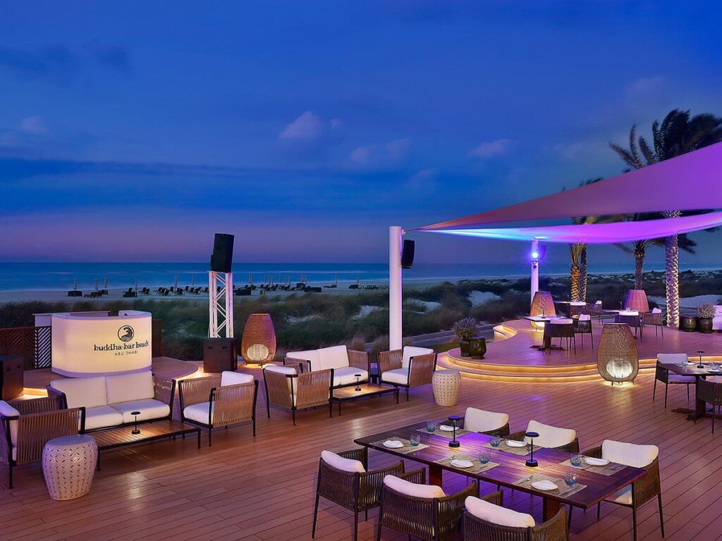 Buddha-Bar Beach terrace and Arabian Gulf sunset at The St. Regis Saadiyat Island Resort