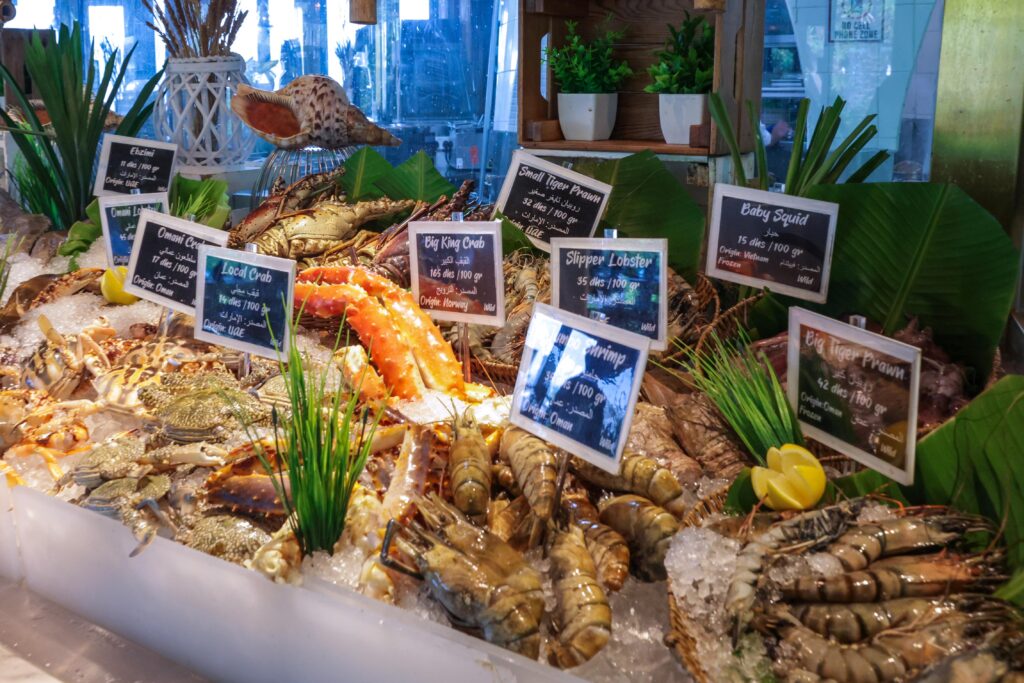 Fresh seafood market display at Fishmarket InterContinental Abu Dhabi