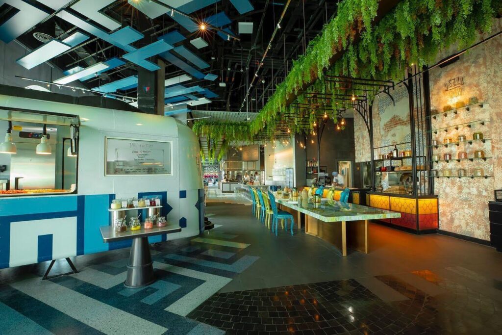 Garage restaurant interior at W Abu Dhabi Yas Island overlooking the circuit