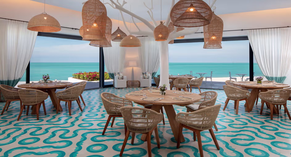 Thalassa sea-level dining room at Anantara Santorini Abu Dhabi Retreat