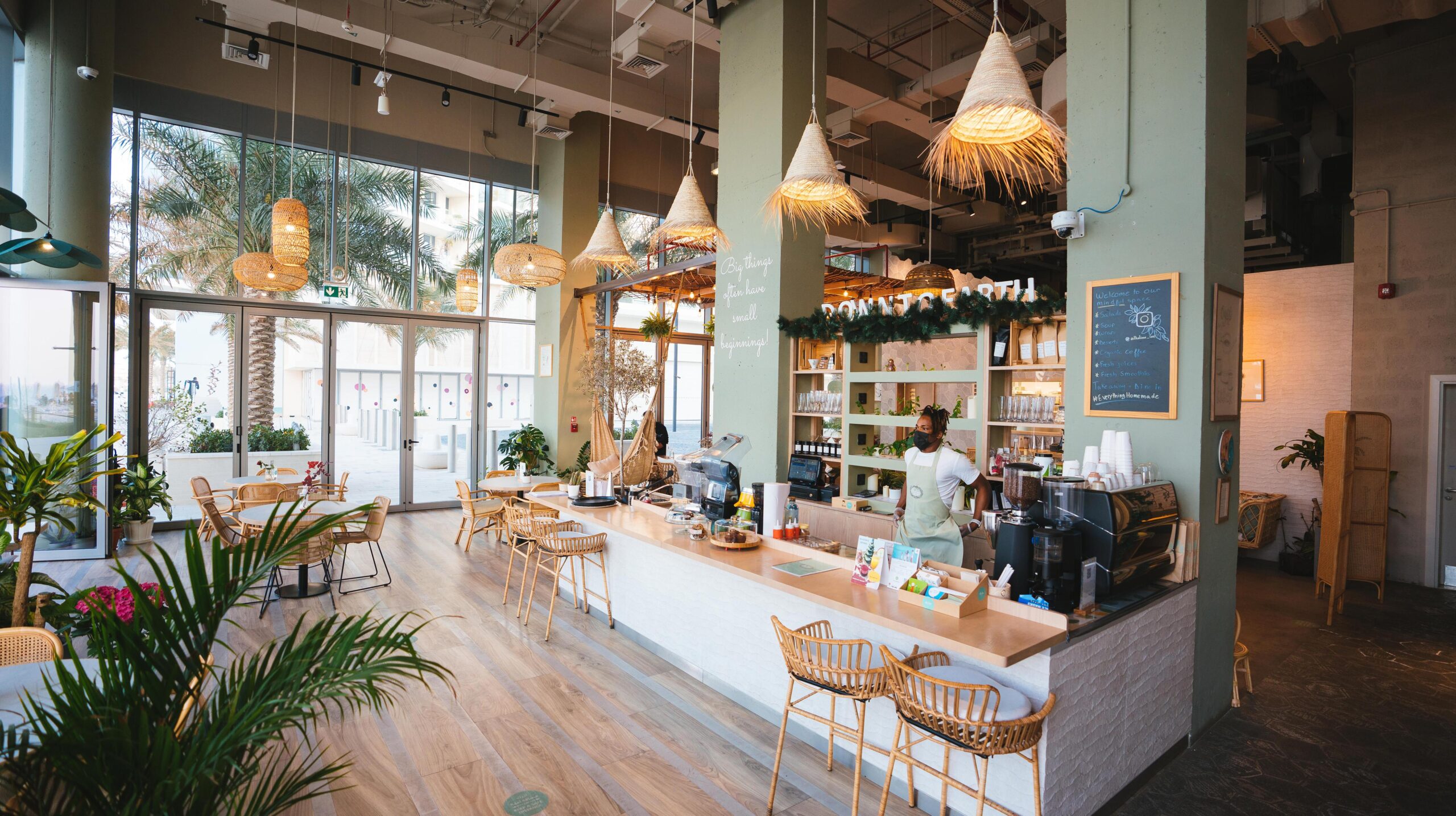 Natural-material workspace and beachfront interior at Alkalime Abu Dhabi