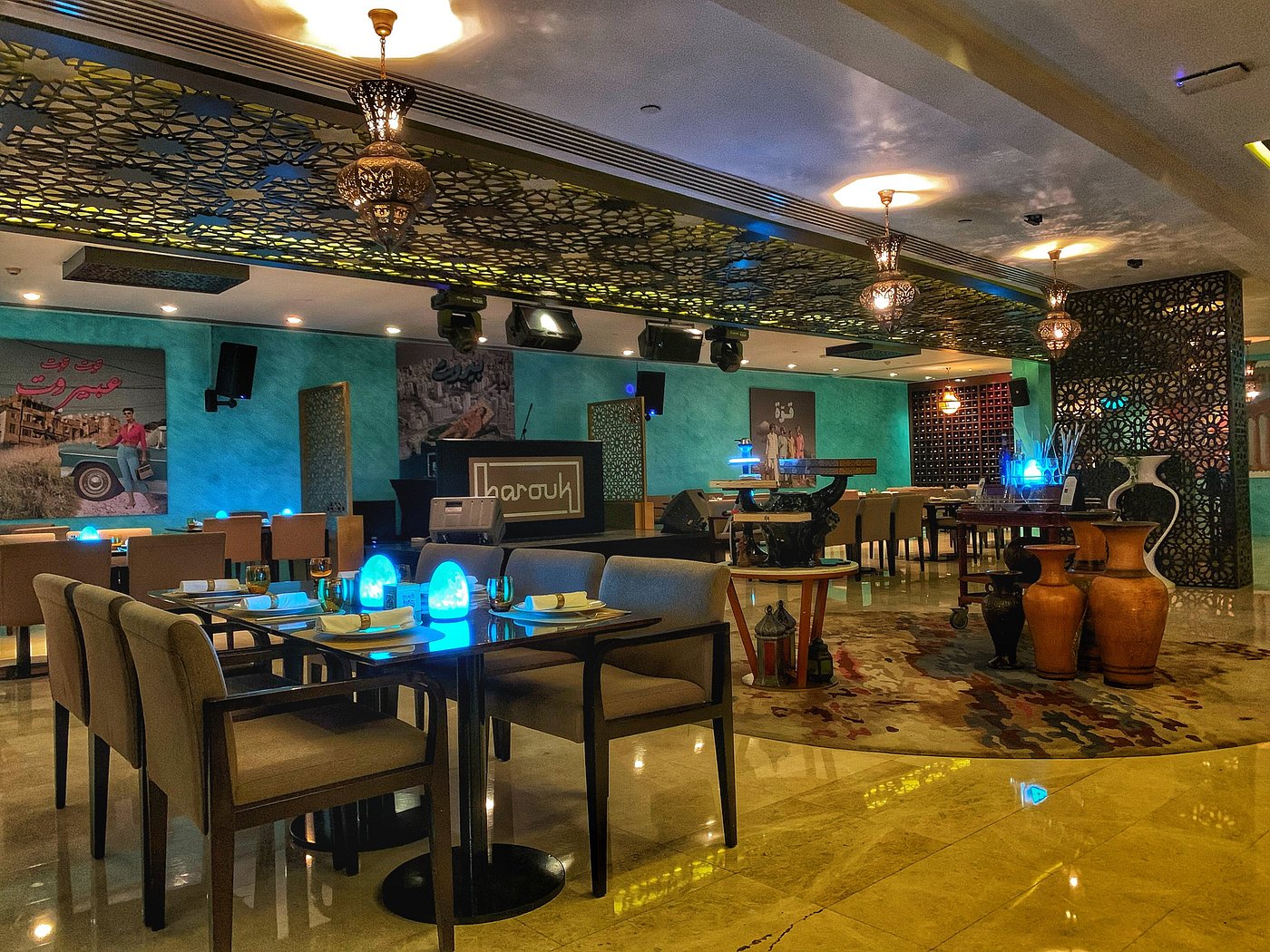 Barouk shisha garden and evening atmosphere overlooking the Yas Island waterfront