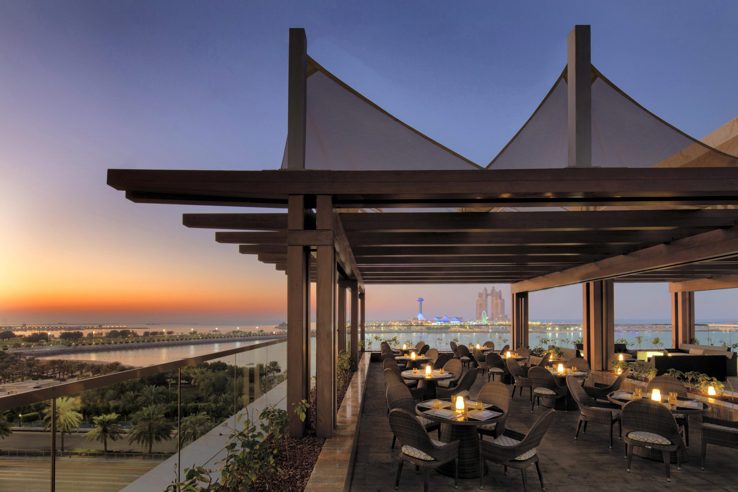Sahha terrace overlooking the Arabian Gulf at Grand Hyatt Abu Dhabi