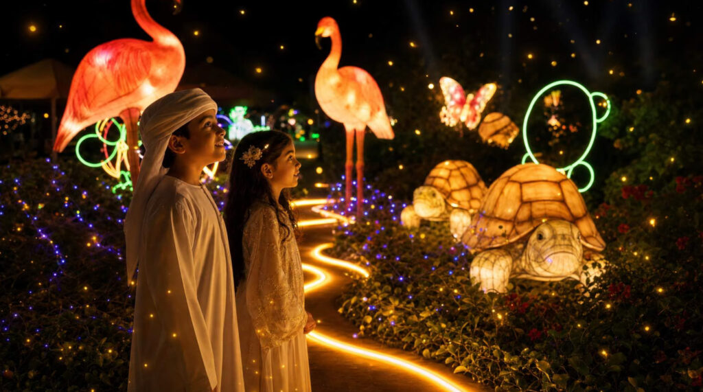 Children viewing illuminated flamingo and turtle lanterns beside a glowing path in Al Ain Zoo’s Glow After Dark promotional image.